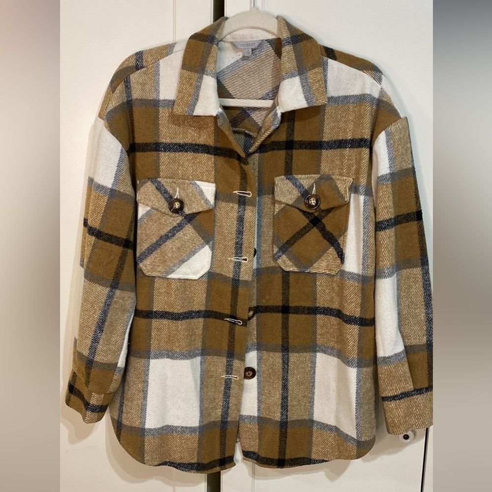 Veveret Women’s Plaid Timing Oversized Jacket Shacket Brown White Size S